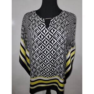 Dana Buchman Medium Geometric Key Hole Neck Tunic Top Careerwear Op Art Graphic